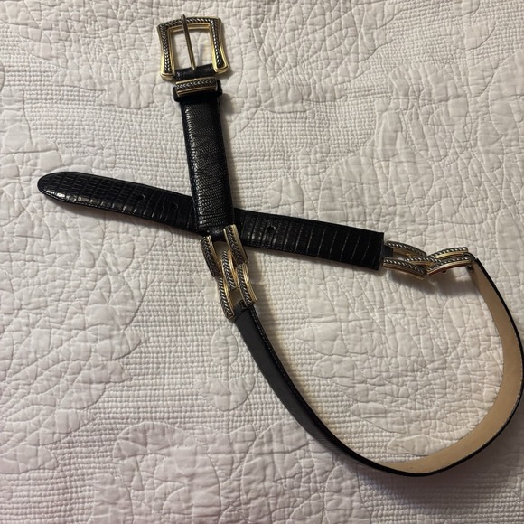 Brighton Women's Black Animal Print Leather Belt Size Medium Silver Gold Buckle - Picture 1 of 10